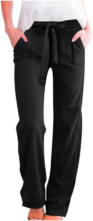 Linen Pants Women Long Summer Vacation Beach Pants Casual Cotton Linen Soft Comfy Lounge Pants Trousers with Pockets