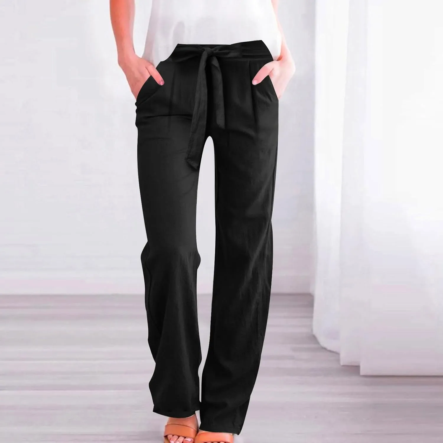Linen Pants Women Long Summer Vacation Beach Pants Casual Cotton Linen Soft Comfy Lounge Pants Trousers with Pockets