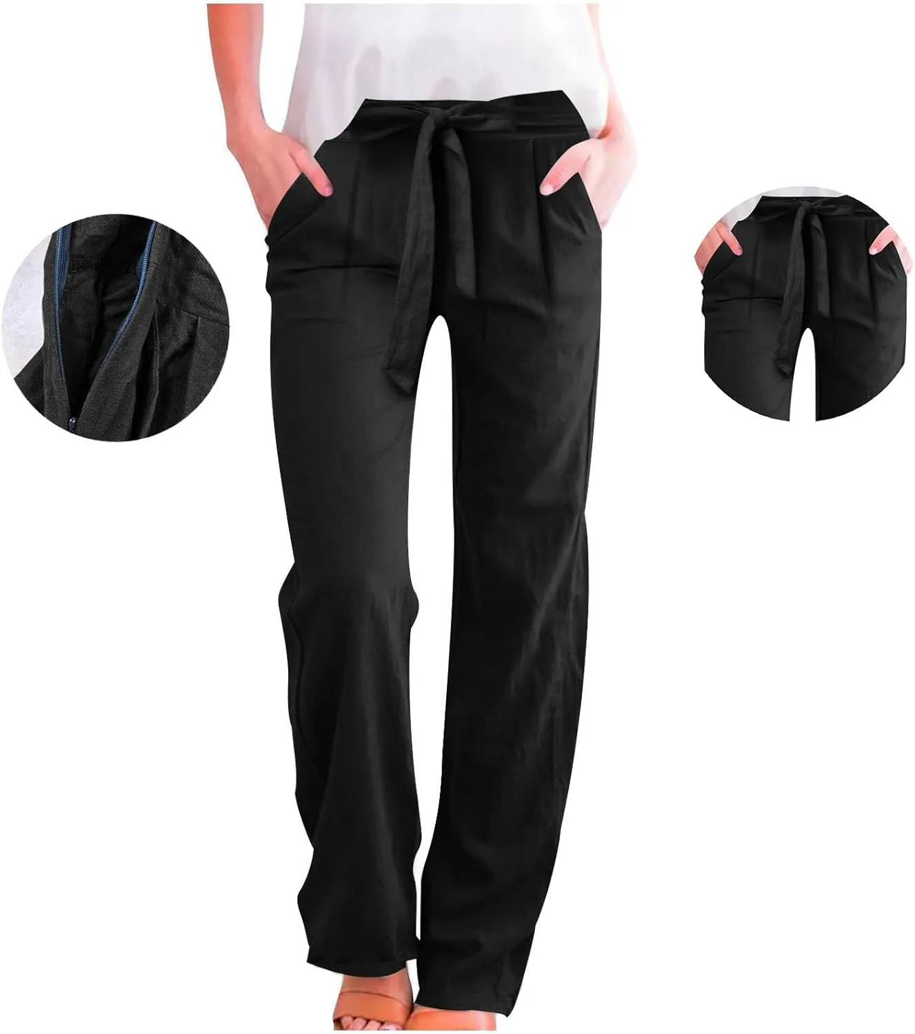 Linen Pants Women Long Summer Vacation Beach Pants Casual Cotton Linen Soft Comfy Lounge Pants Trousers with Pockets