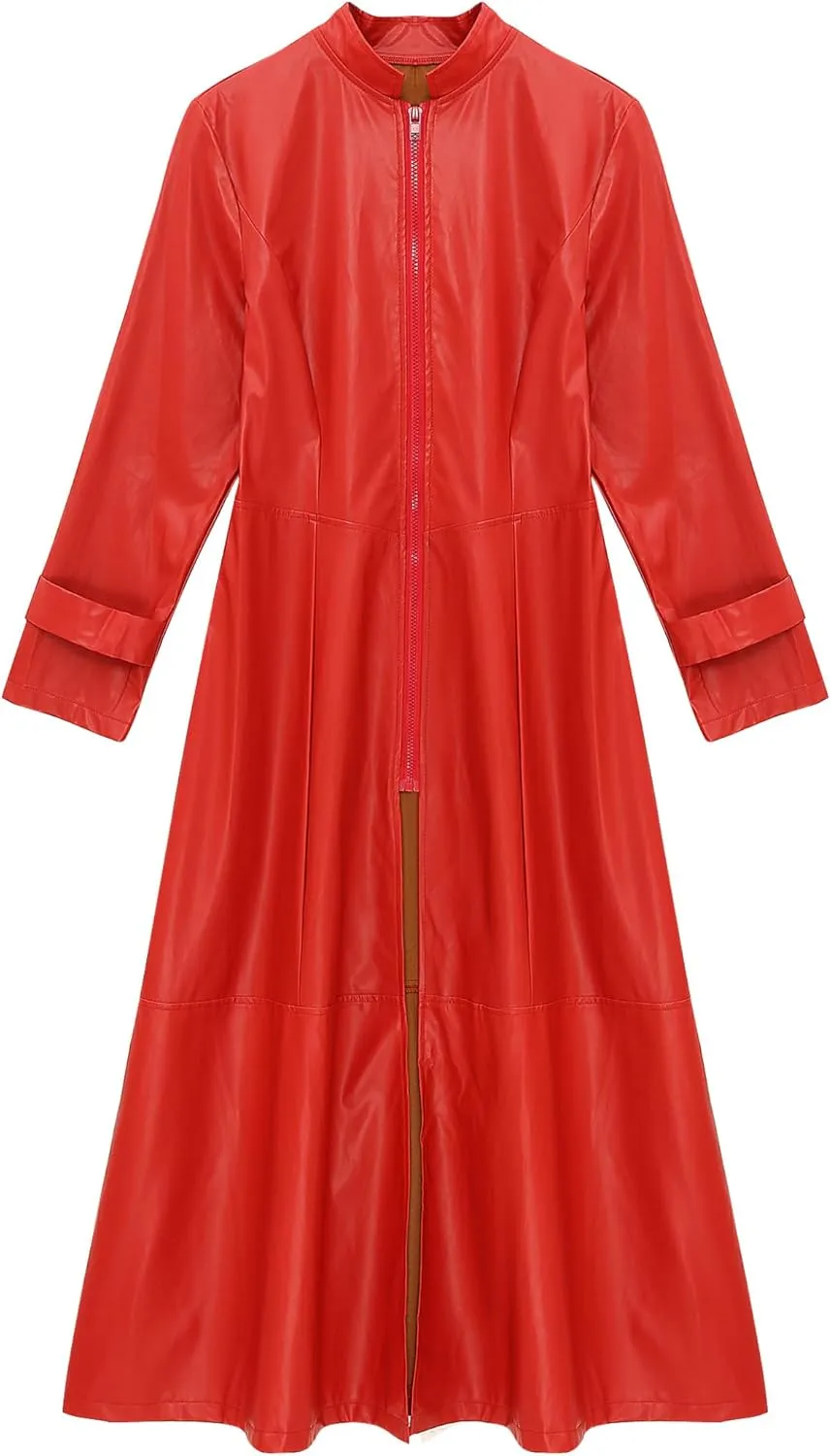 Linjinx Women's Faux Leather Jacket Trench Coat Steampunk Vintage Full Zipper Ankle Length Dress