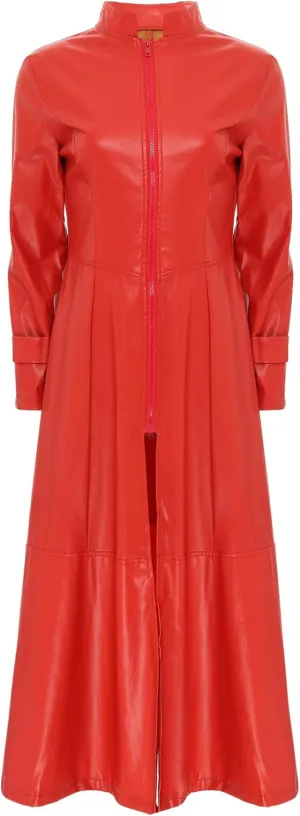 Linjinx Women's Faux Leather Jacket Trench Coat Steampunk Vintage Full Zipper Ankle Length Dress