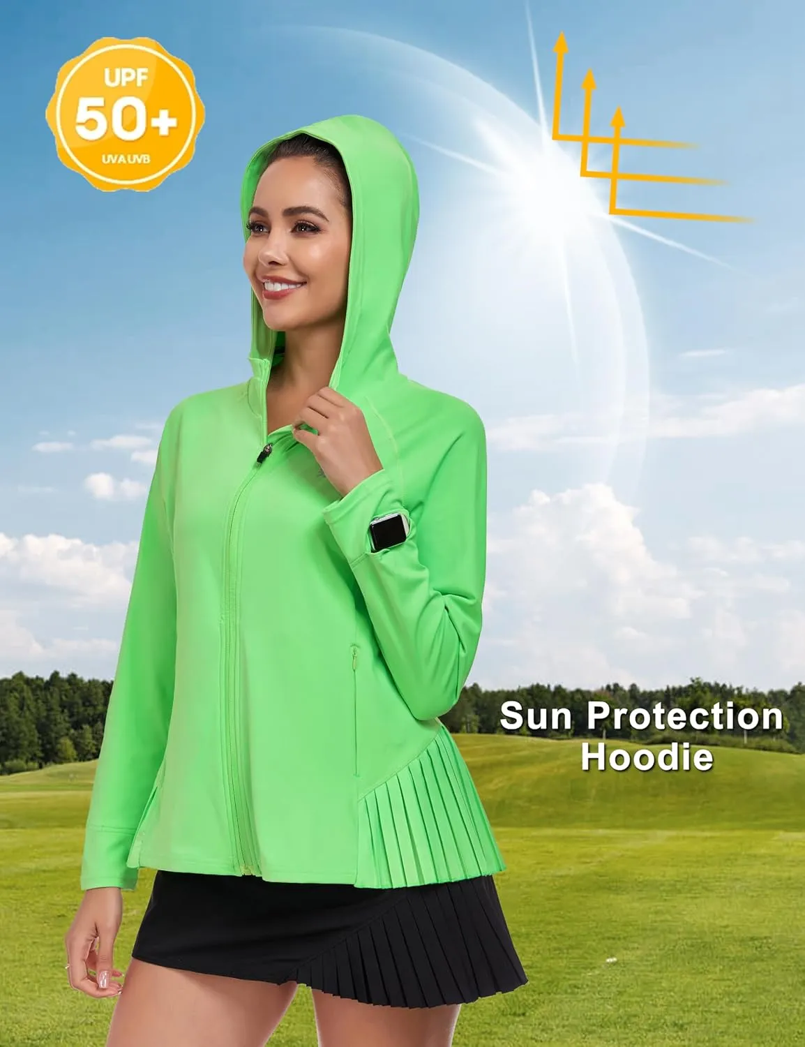 Little Donkey Andy Women's Golf Hoodie Jacket with Pleated Tennis Skirt Hem Full Zip Sun Protection Running Athletic Jackets
