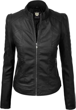 Lock and Love Women's Faux Leather Moto Biker Jacket Coat with Removable or Non-Removable Hood