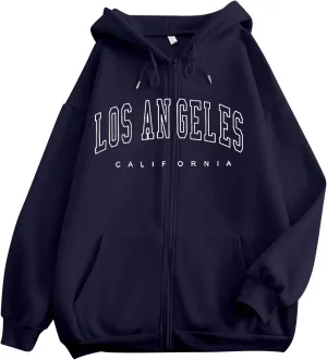Los Angeles California Vintage Hoodies for Women Cool Zip Up Preppy Hooded Tops Fall Drawstring Letter Graphic Zipper