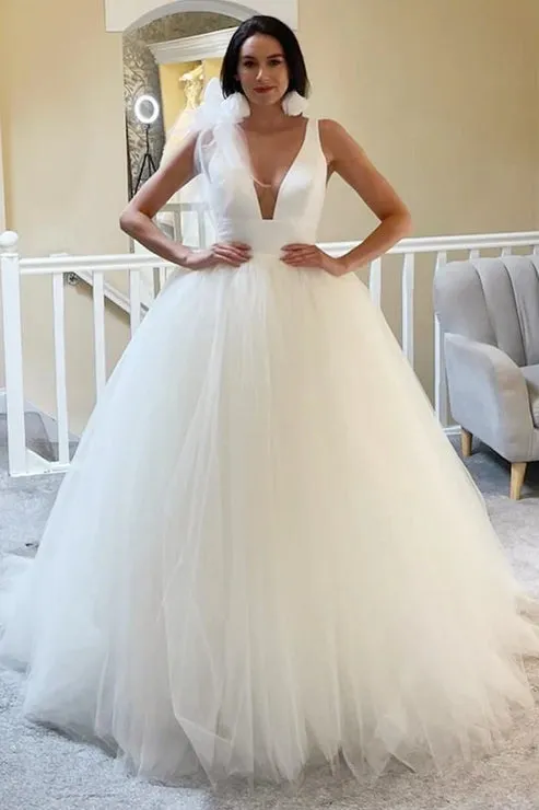 Luolandi A-Line White Tulle Plunge V Open Back Wedding Dress Sleeveless Sexy