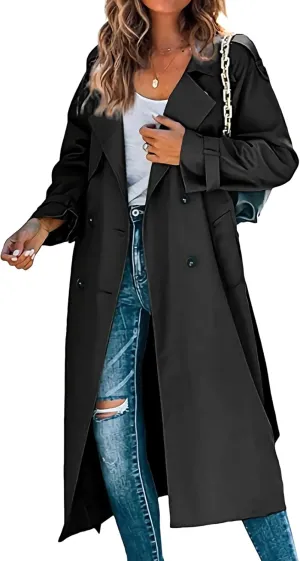 Maiyifu-GJ Trench Coat for Women Fall Winter Jackets Slim Fit Long Sleeve Windbreaker Lapel Double Breasted Trench Coat