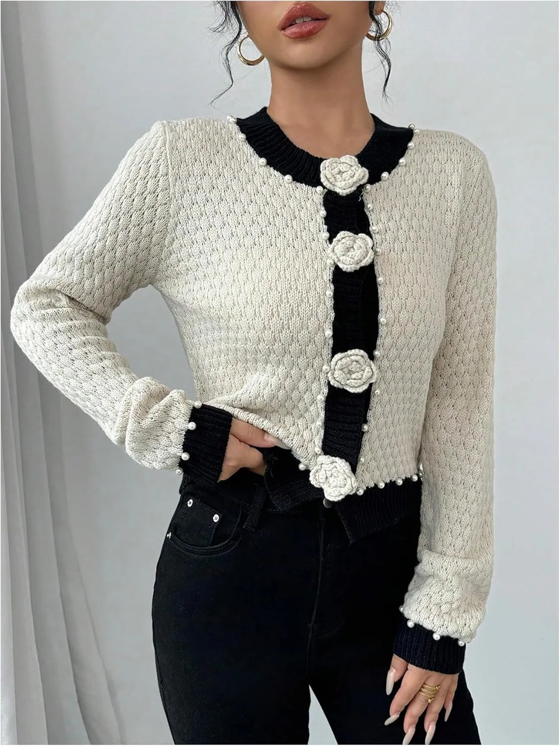 MakeMeChic Women's 3D Floral Pearls Crew Neck Sweater Cardigan Button Up Long Sleeve Outerwear