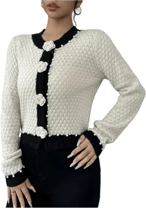 MakeMeChic Women's 3D Floral Pearls Crew Neck Sweater Cardigan Button Up Long Sleeve Outerwear