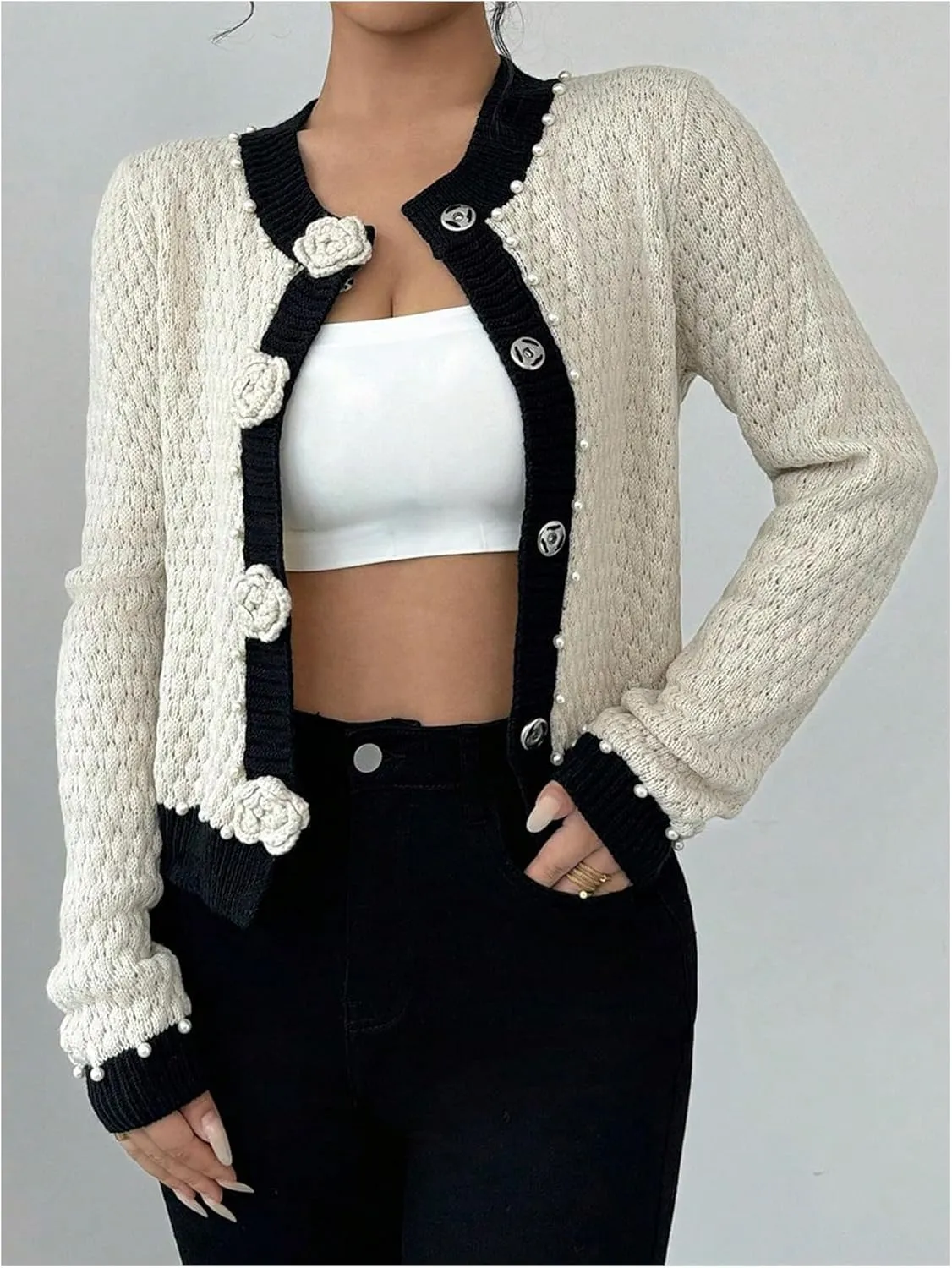 MakeMeChic Women's 3D Floral Pearls Crew Neck Sweater Cardigan Button Up Long Sleeve Outerwear