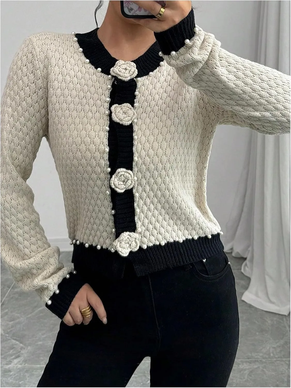 MakeMeChic Women's 3D Floral Pearls Crew Neck Sweater Cardigan Button Up Long Sleeve Outerwear