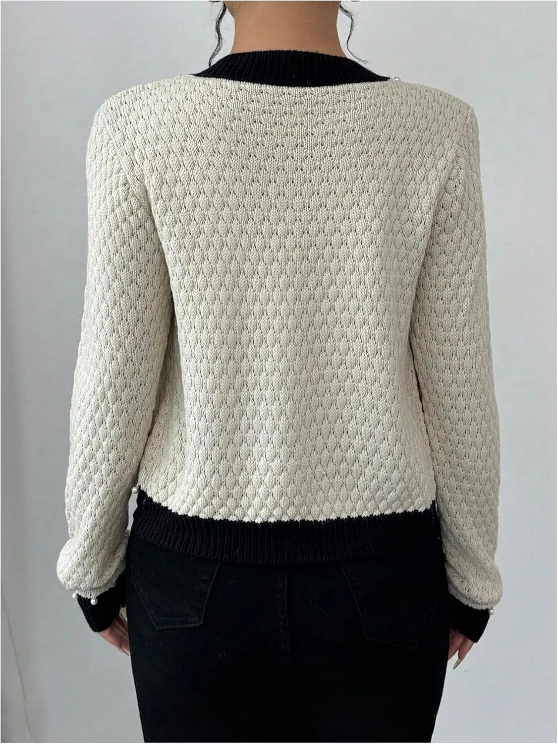MakeMeChic Women's 3D Floral Pearls Crew Neck Sweater Cardigan Button Up Long Sleeve Outerwear