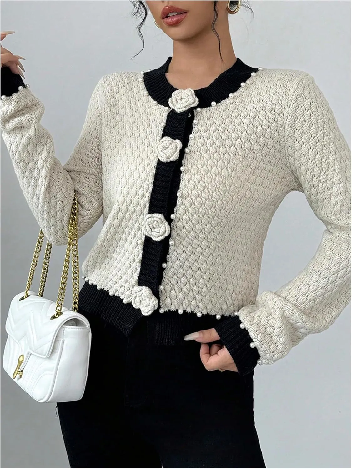 MakeMeChic Women's 3D Floral Pearls Crew Neck Sweater Cardigan Button Up Long Sleeve Outerwear