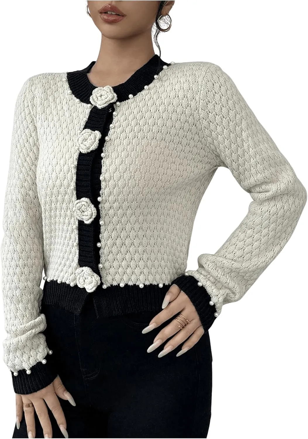 MakeMeChic Women's 3D Floral Pearls Crew Neck Sweater Cardigan Button Up Long Sleeve Outerwear