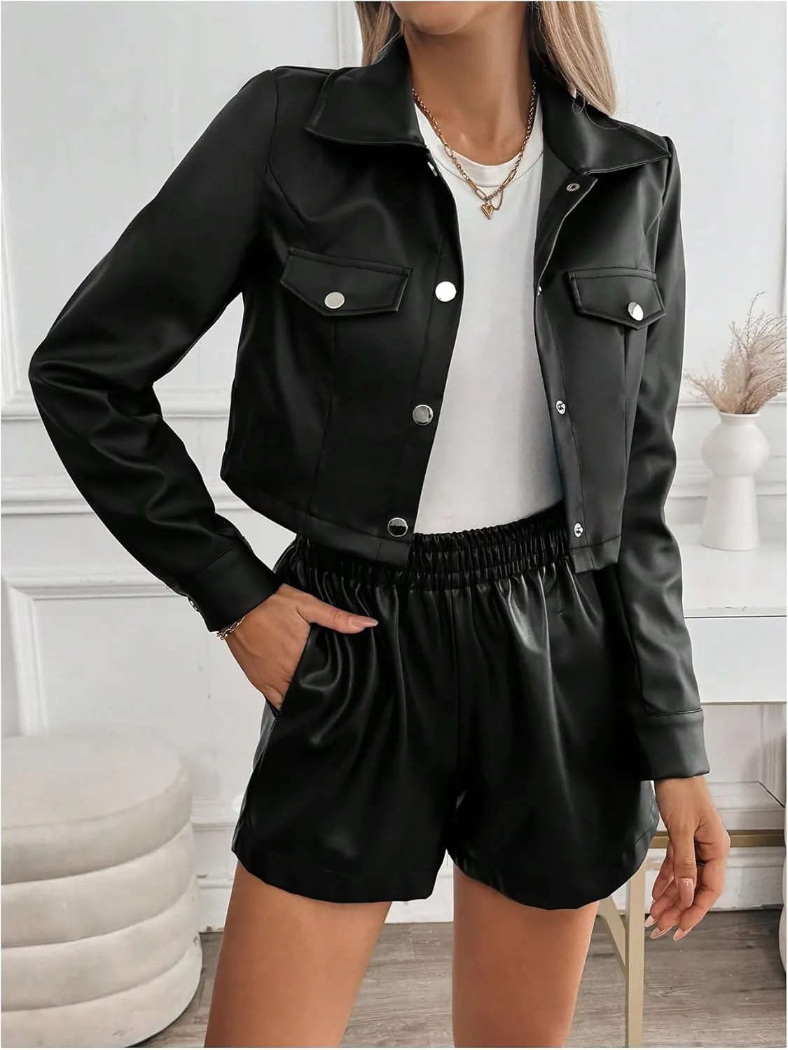 MakeMeChic Women's Faux Leather Crop Jacket Button Down Long Sleeve Motorcycle Jackets