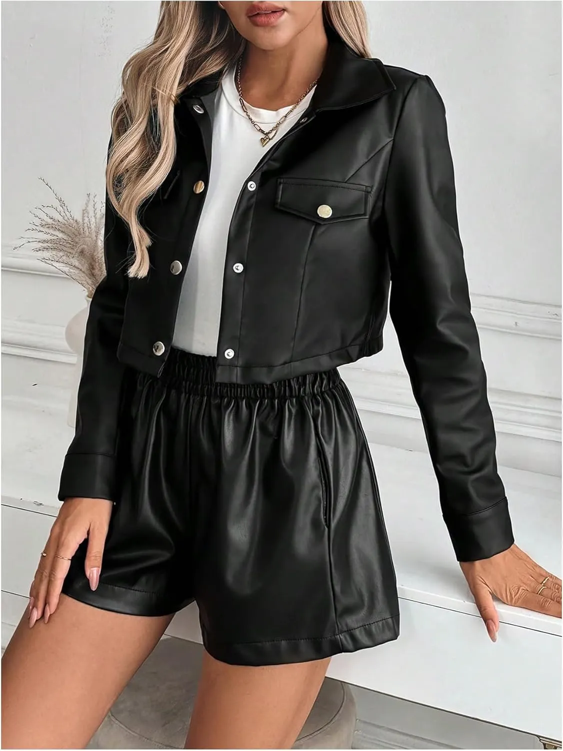 MakeMeChic Women's Faux Leather Crop Jacket Button Down Long Sleeve Motorcycle Jackets