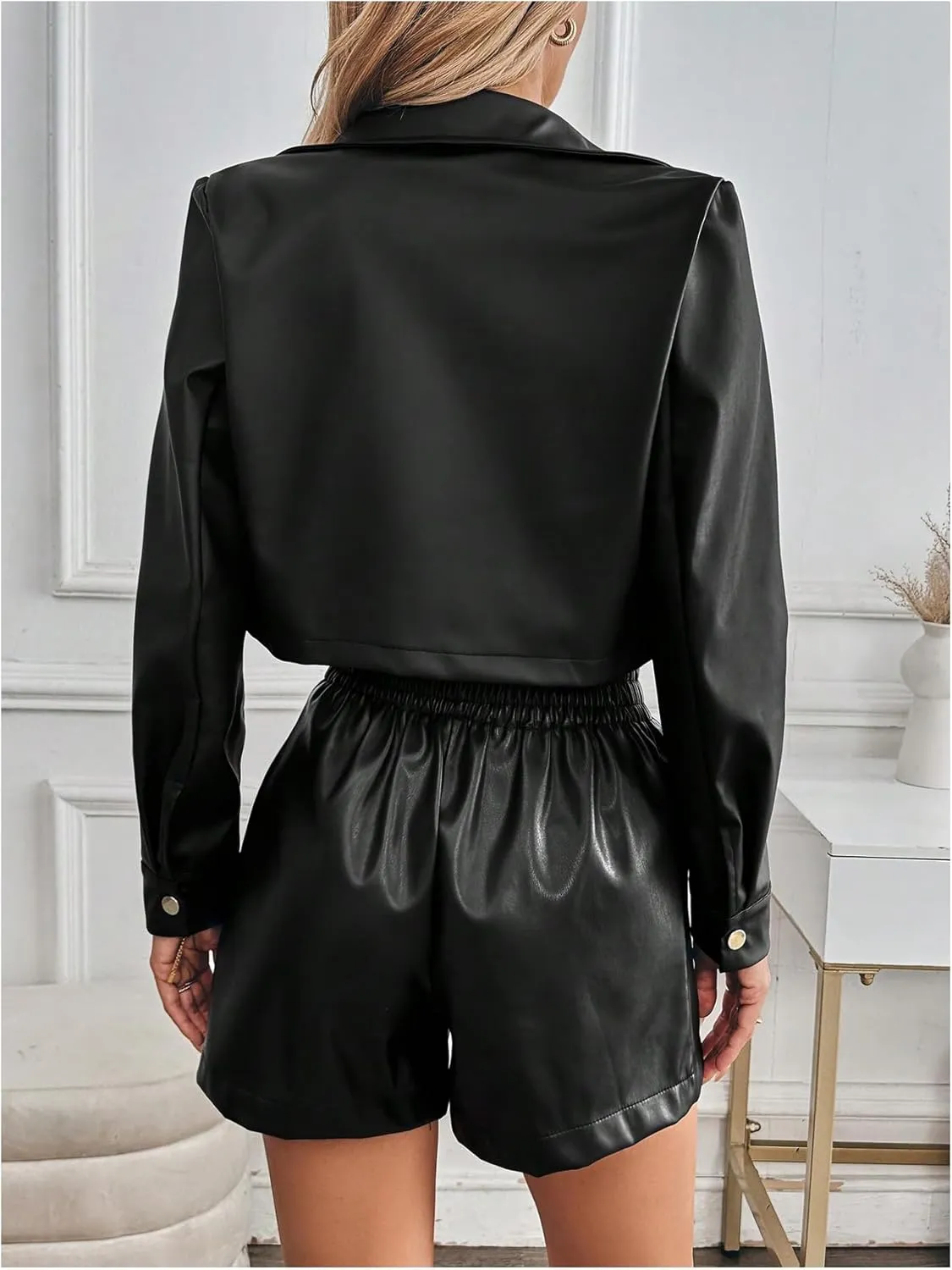 MakeMeChic Women's Faux Leather Crop Jacket Button Down Long Sleeve Motorcycle Jackets