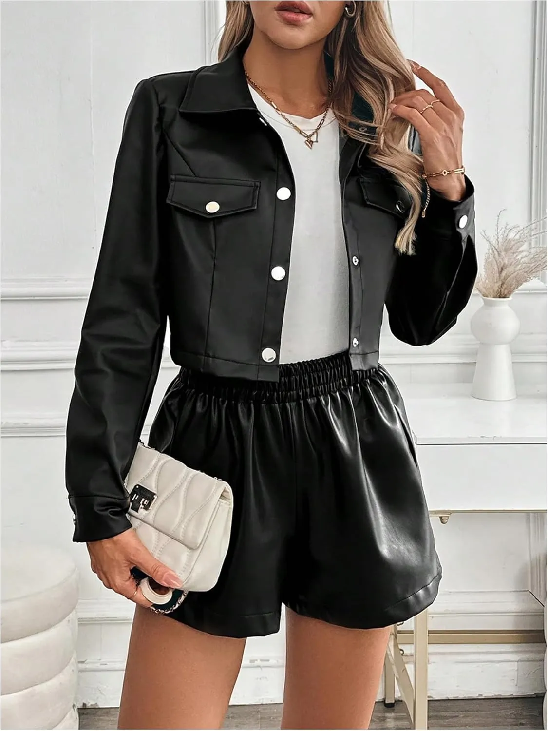 MakeMeChic Women's Faux Leather Crop Jacket Button Down Long Sleeve Motorcycle Jackets