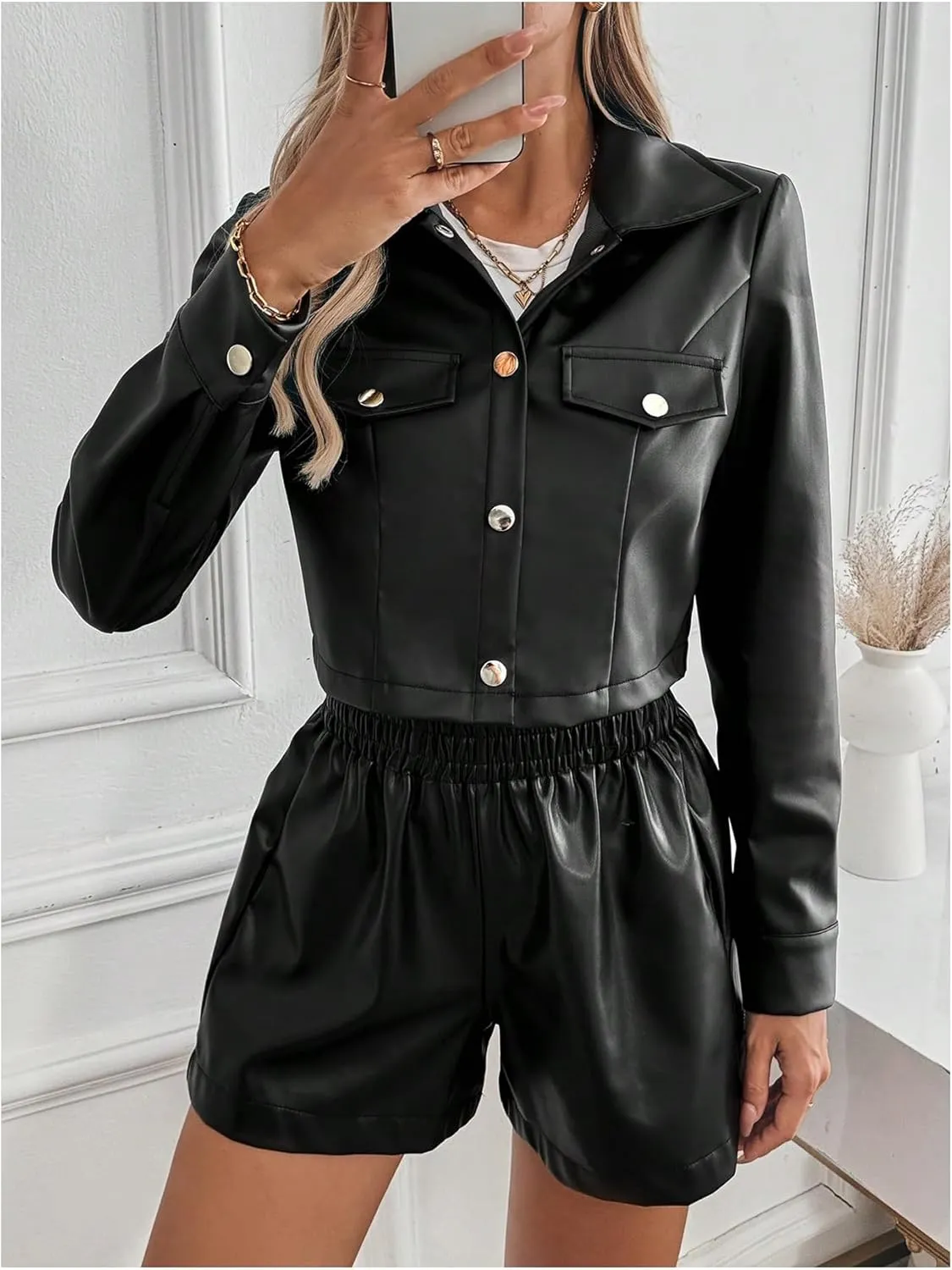 MakeMeChic Women's Faux Leather Crop Jacket Button Down Long Sleeve Motorcycle Jackets