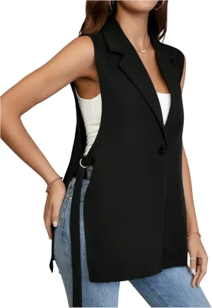 MakeMeChic Women's Knot Side Sleeveless Vest Blazer Lapel Button Elegant Work Jackets
