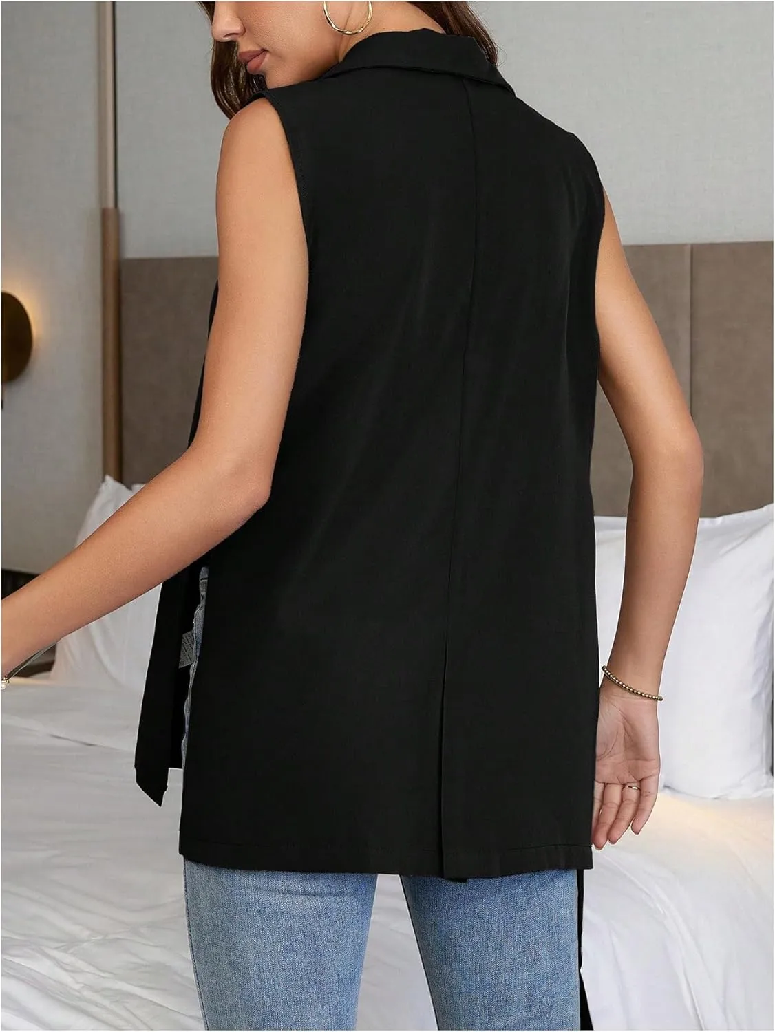 MakeMeChic Women's Knot Side Sleeveless Vest Blazer Lapel Button Elegant Work Jackets