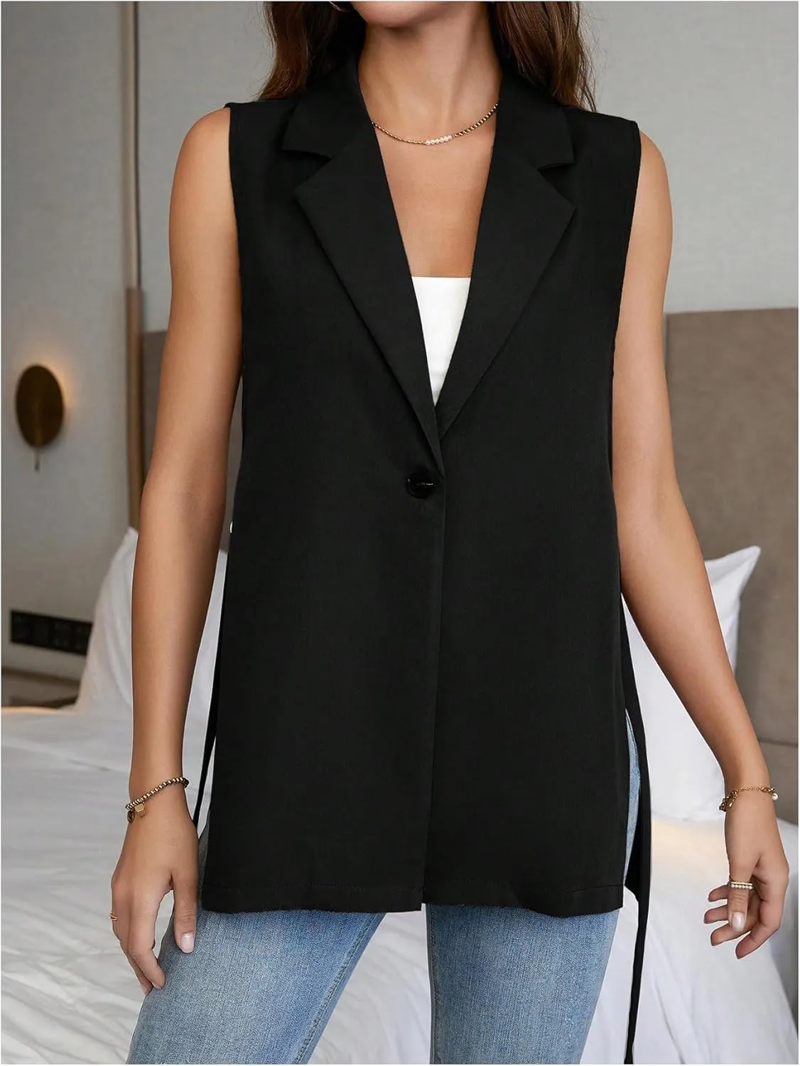 MakeMeChic Women's Knot Side Sleeveless Vest Blazer Lapel Button Elegant Work Jackets
