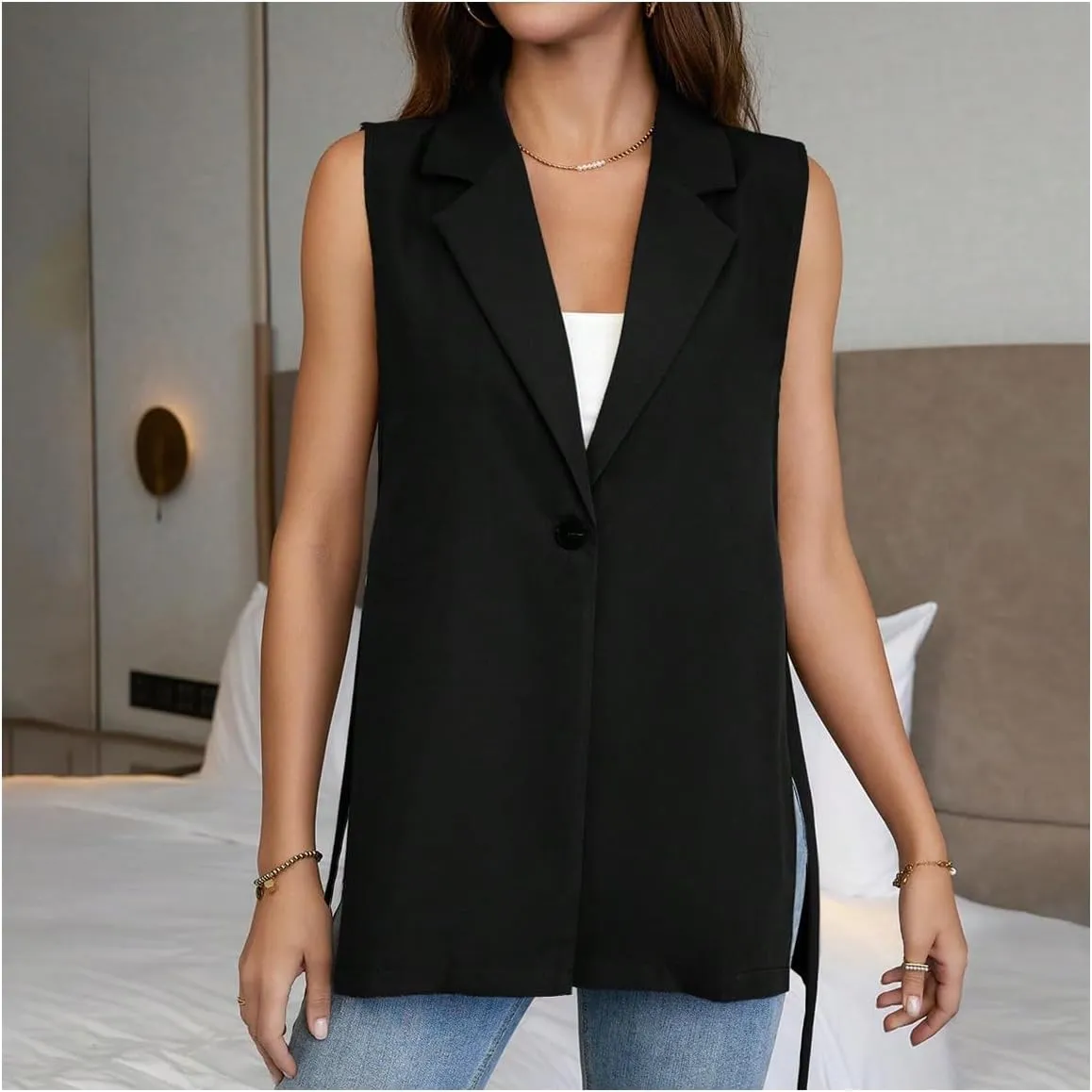 MakeMeChic Women's Knot Side Sleeveless Vest Blazer Lapel Button Elegant Work Jackets