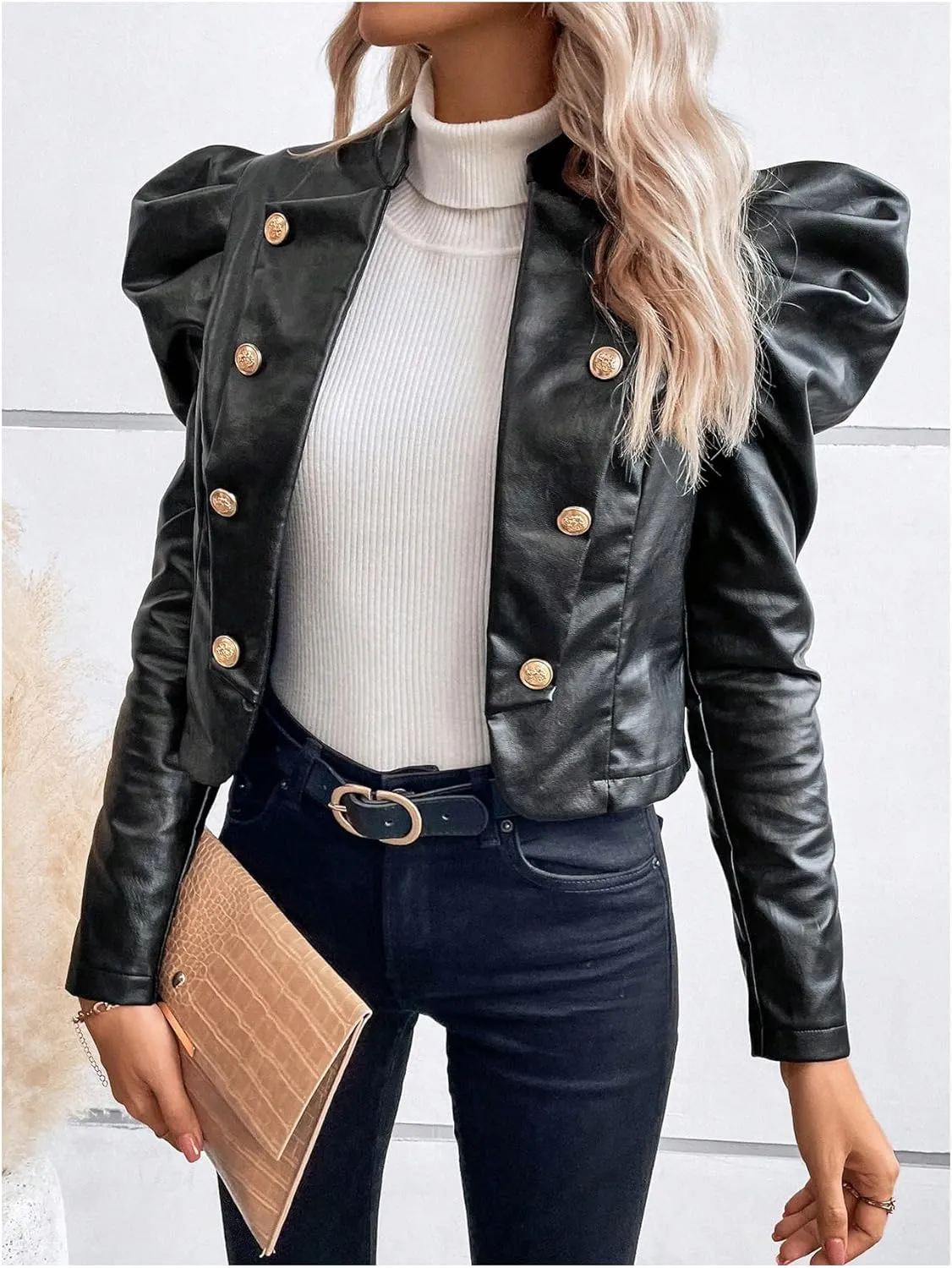 MakeMeChic Women's Open Front Gigot Long Sleeve Leather Jacket Button Decor Blazer Jackets