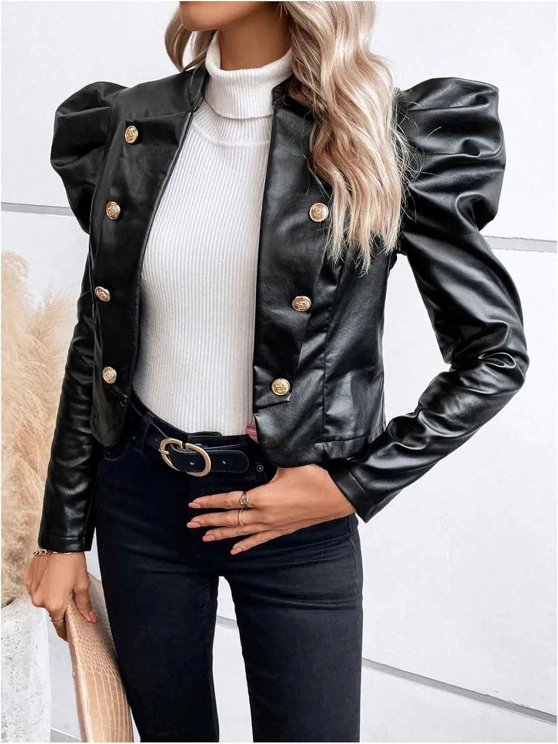 MakeMeChic Women's Open Front Gigot Long Sleeve Leather Jacket Button Decor Blazer Jackets