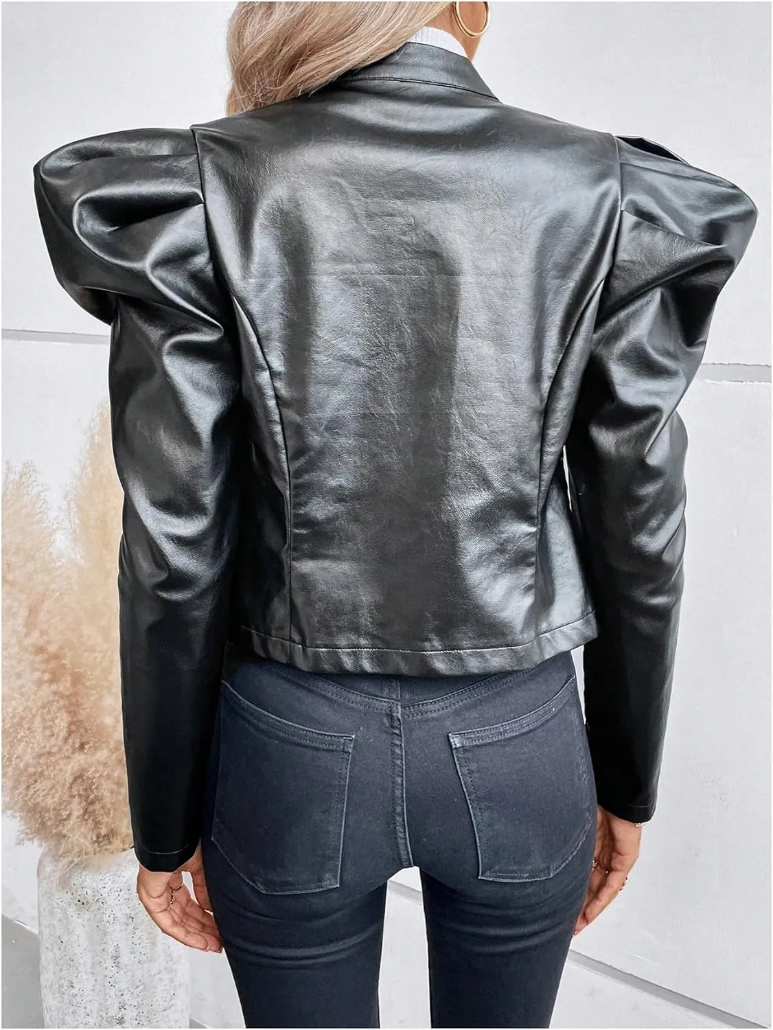 MakeMeChic Women's Open Front Gigot Long Sleeve Leather Jacket Button Decor Blazer Jackets