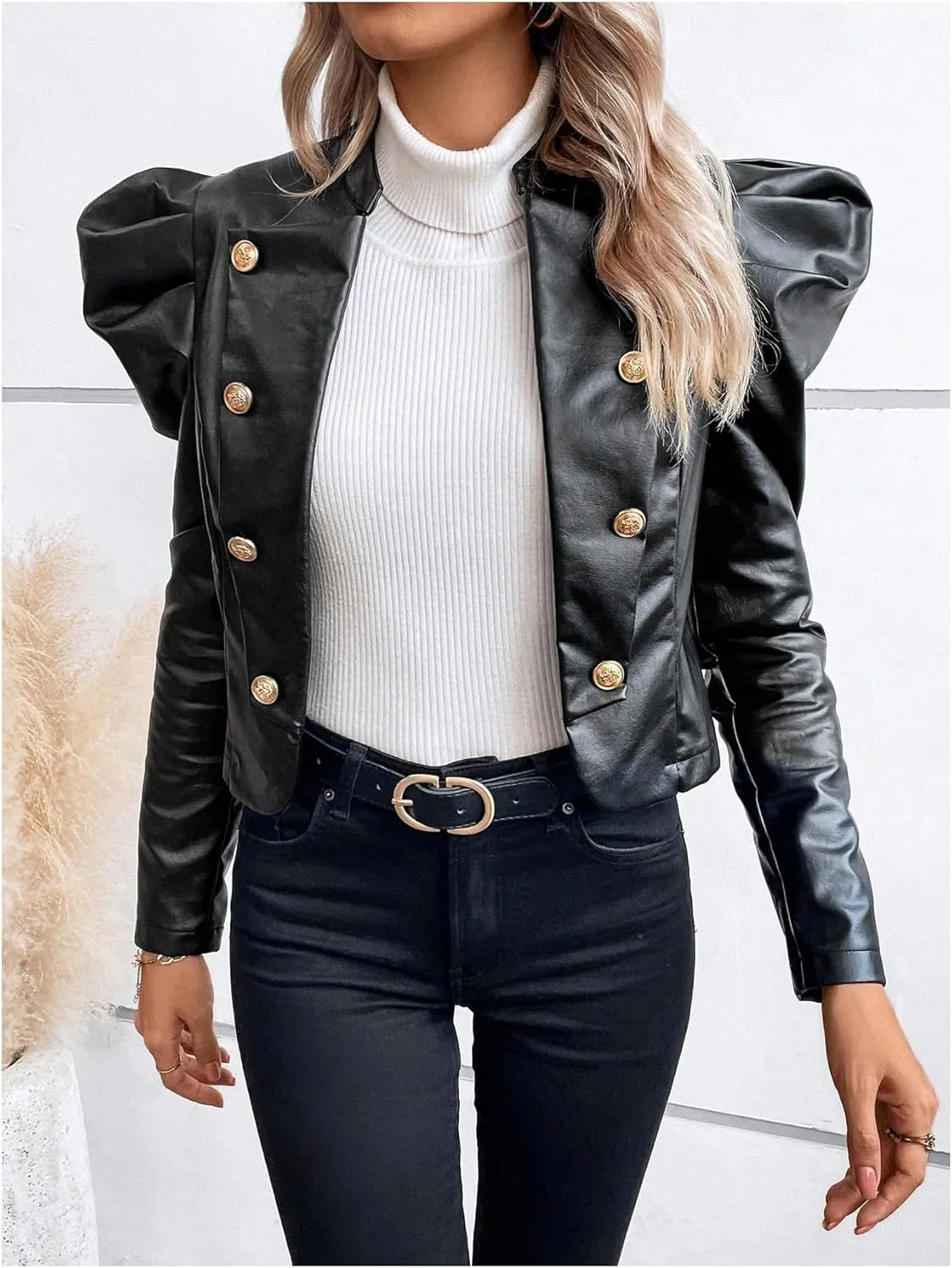 MakeMeChic Women's Open Front Gigot Long Sleeve Leather Jacket Button Decor Blazer Jackets