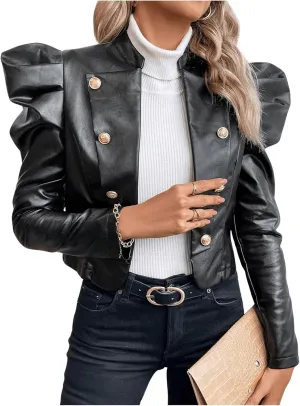 MakeMeChic Women's Open Front Gigot Long Sleeve Leather Jacket Button Decor Blazer Jackets