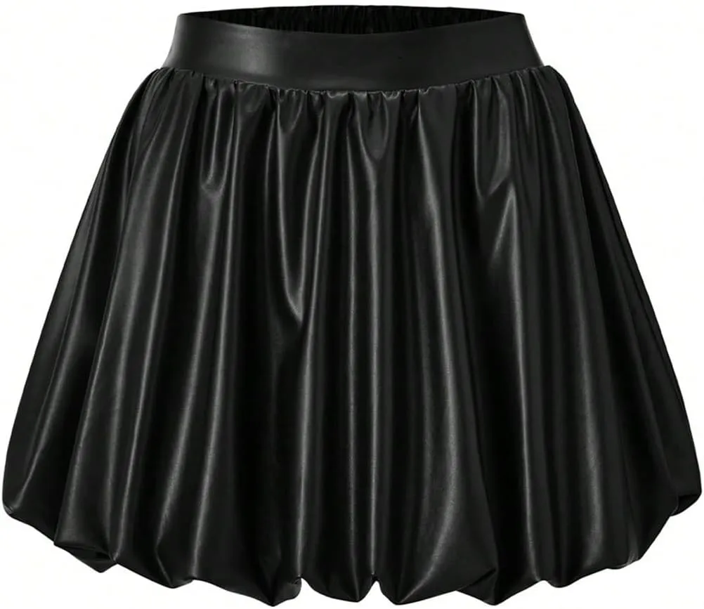 MakeMeChic Women's PU Leather Short Bubble Skirt Elastic Waist Ruffle Y2K Mini Skirts