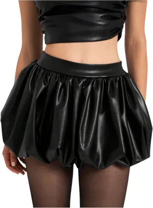 MakeMeChic Women's PU Leather Short Bubble Skirt Elastic Waist Ruffle Y2K Mini Skirts