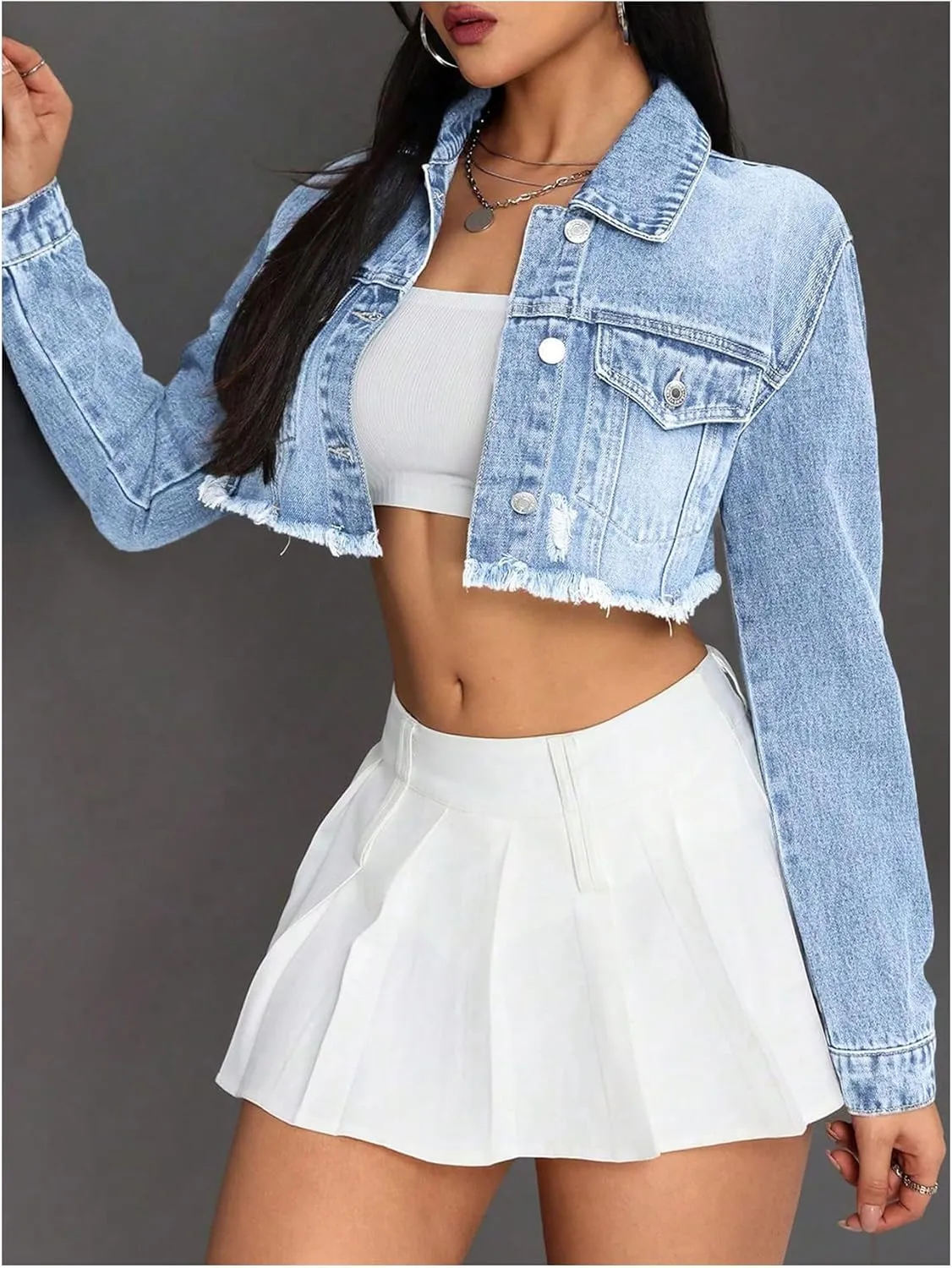 MakeMeChic Women's Ripped Raw Trim Collar Button Down Long Sleeve Cropped Denim Jacket Outerwear