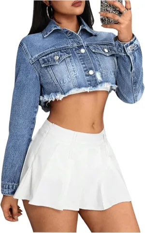 MakeMeChic Women's Ripped Raw Trim Collar Button Down Long Sleeve Cropped Denim Jacket Outerwear