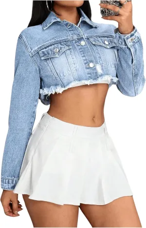 MakeMeChic Women's Ripped Raw Trim Collar Button Down Long Sleeve Cropped Denim Jacket Outerwear