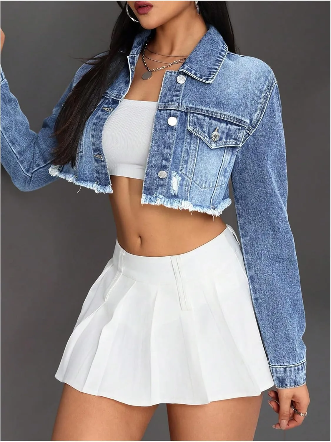 MakeMeChic Women's Ripped Raw Trim Collar Button Down Long Sleeve Cropped Denim Jacket Outerwear