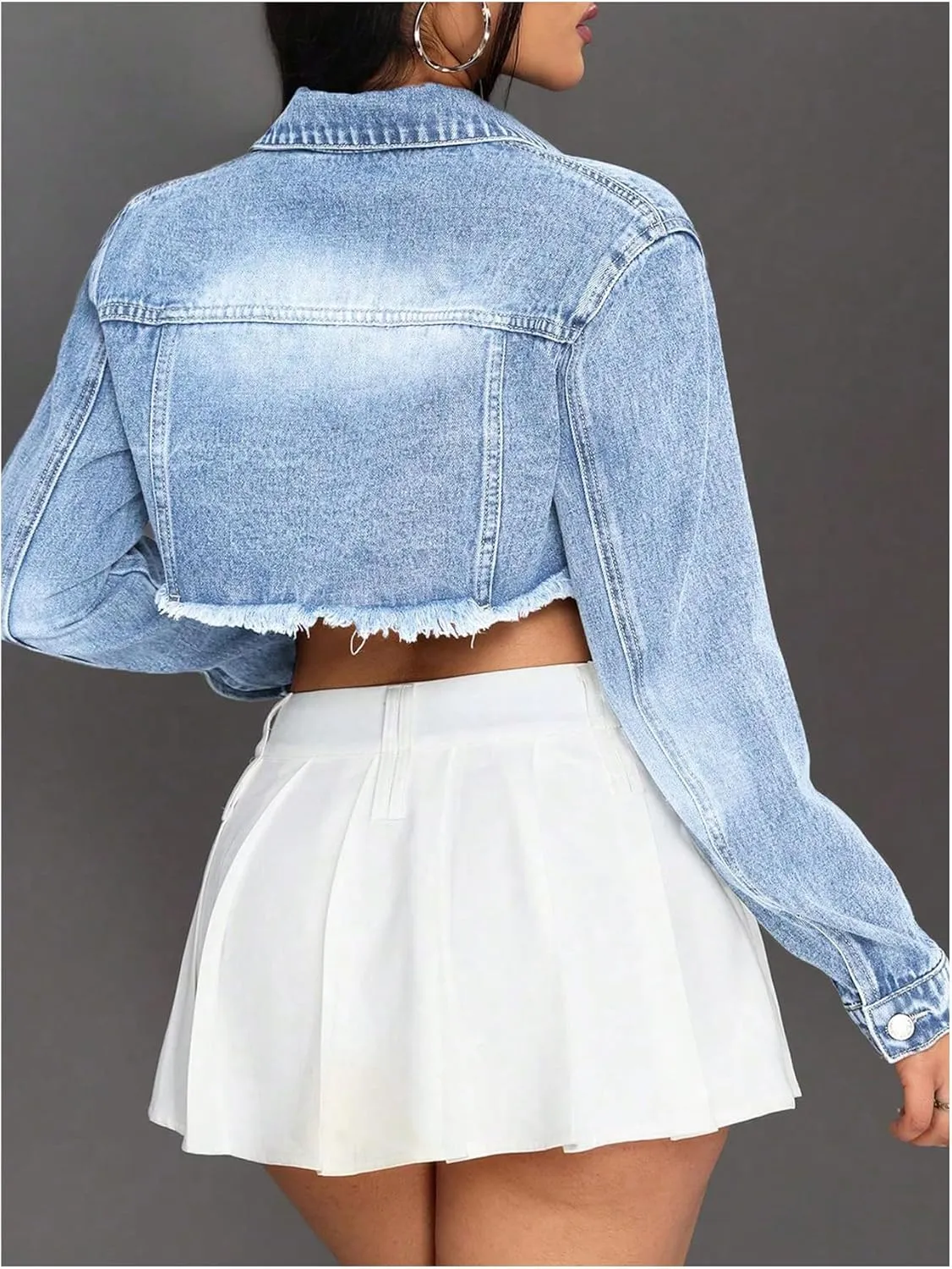 MakeMeChic Women's Ripped Raw Trim Collar Button Down Long Sleeve Cropped Denim Jacket Outerwear