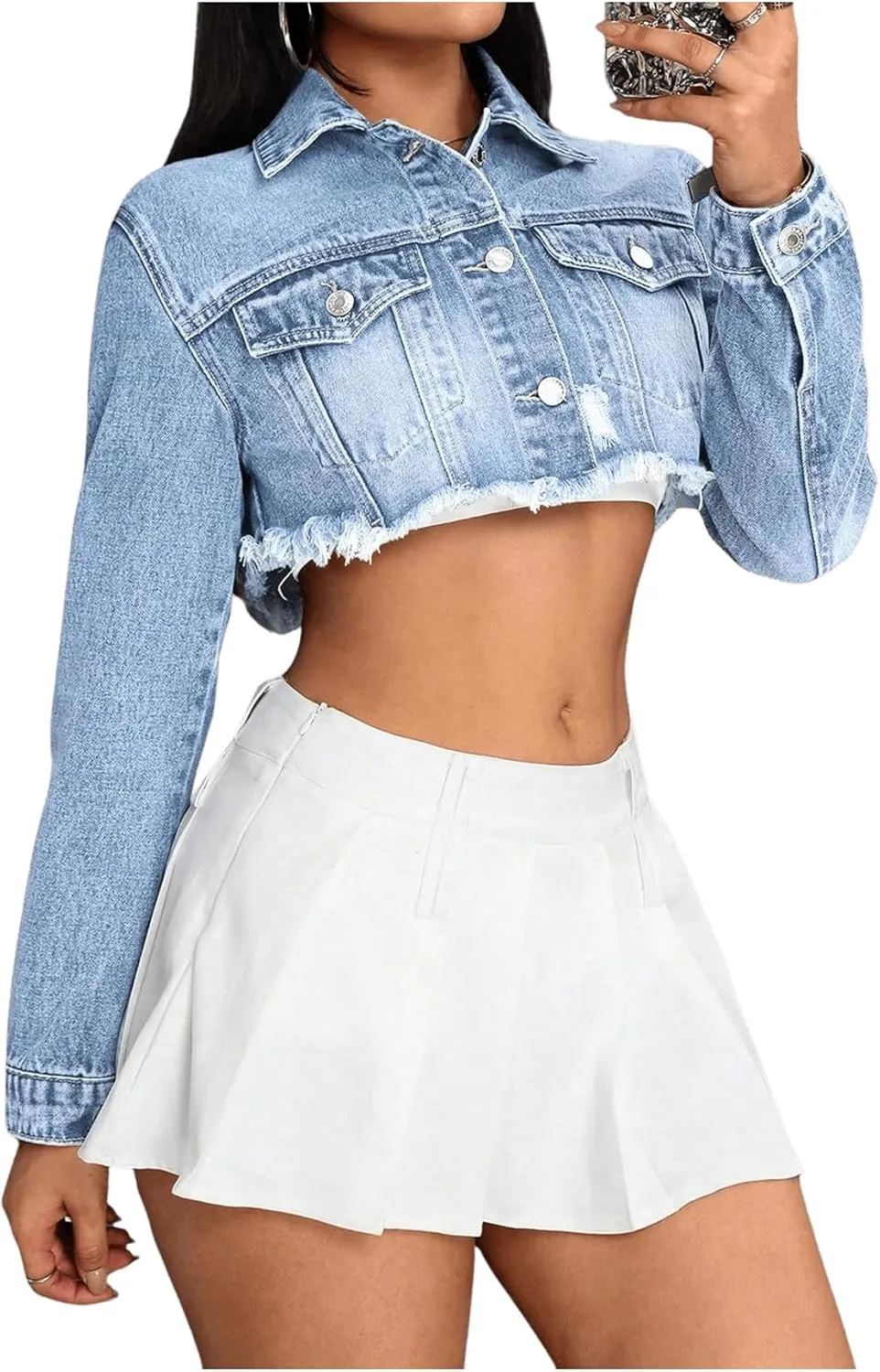 MakeMeChic Women's Ripped Raw Trim Collar Button Down Long Sleeve Cropped Denim Jacket Outerwear