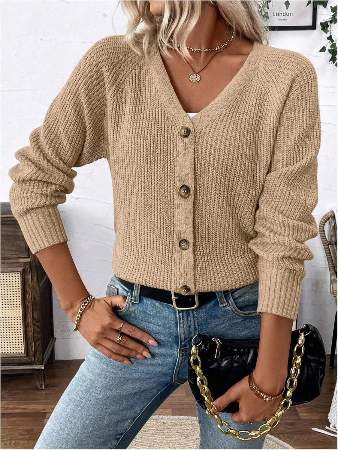 MakeMeChic Women's V Neck Button Down Long Sleeve Cardigan Sweater Drop Shoulder Ribbed Knit Outerwear