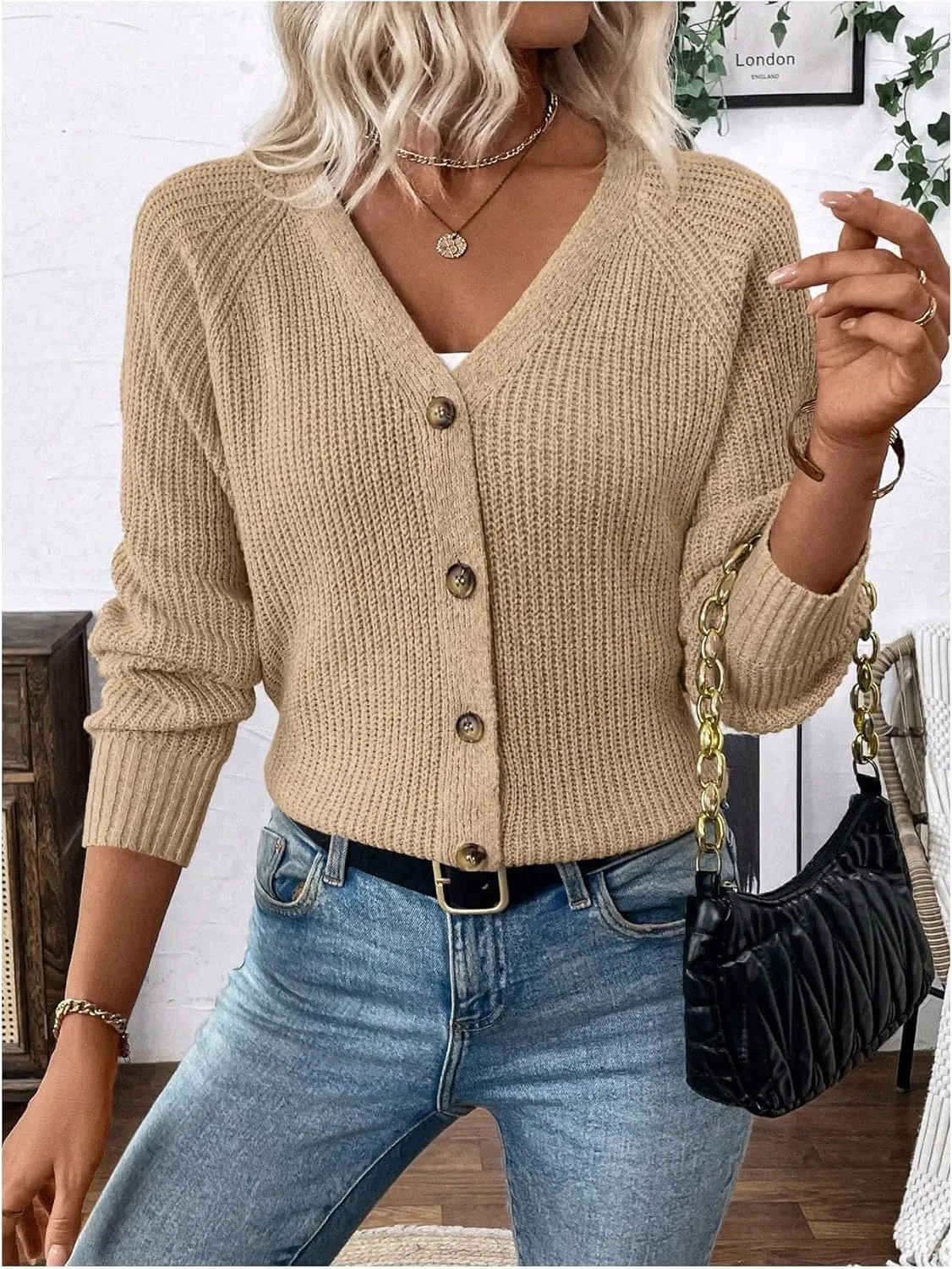 MakeMeChic Women's V Neck Button Down Long Sleeve Cardigan Sweater Drop Shoulder Ribbed Knit Outerwear