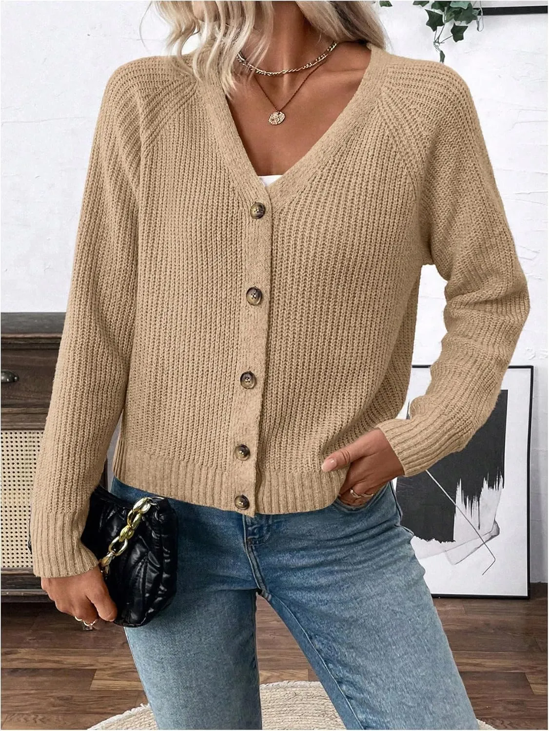 MakeMeChic Women's V Neck Button Down Long Sleeve Cardigan Sweater Drop Shoulder Ribbed Knit Outerwear