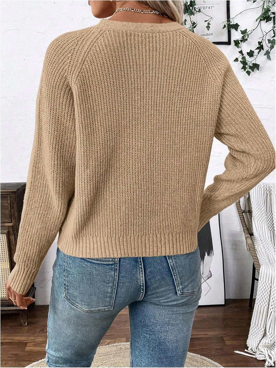 MakeMeChic Women's V Neck Button Down Long Sleeve Cardigan Sweater Drop Shoulder Ribbed Knit Outerwear