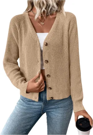 MakeMeChic Women's V Neck Button Down Long Sleeve Cardigan Sweater Drop Shoulder Ribbed Knit Outerwear