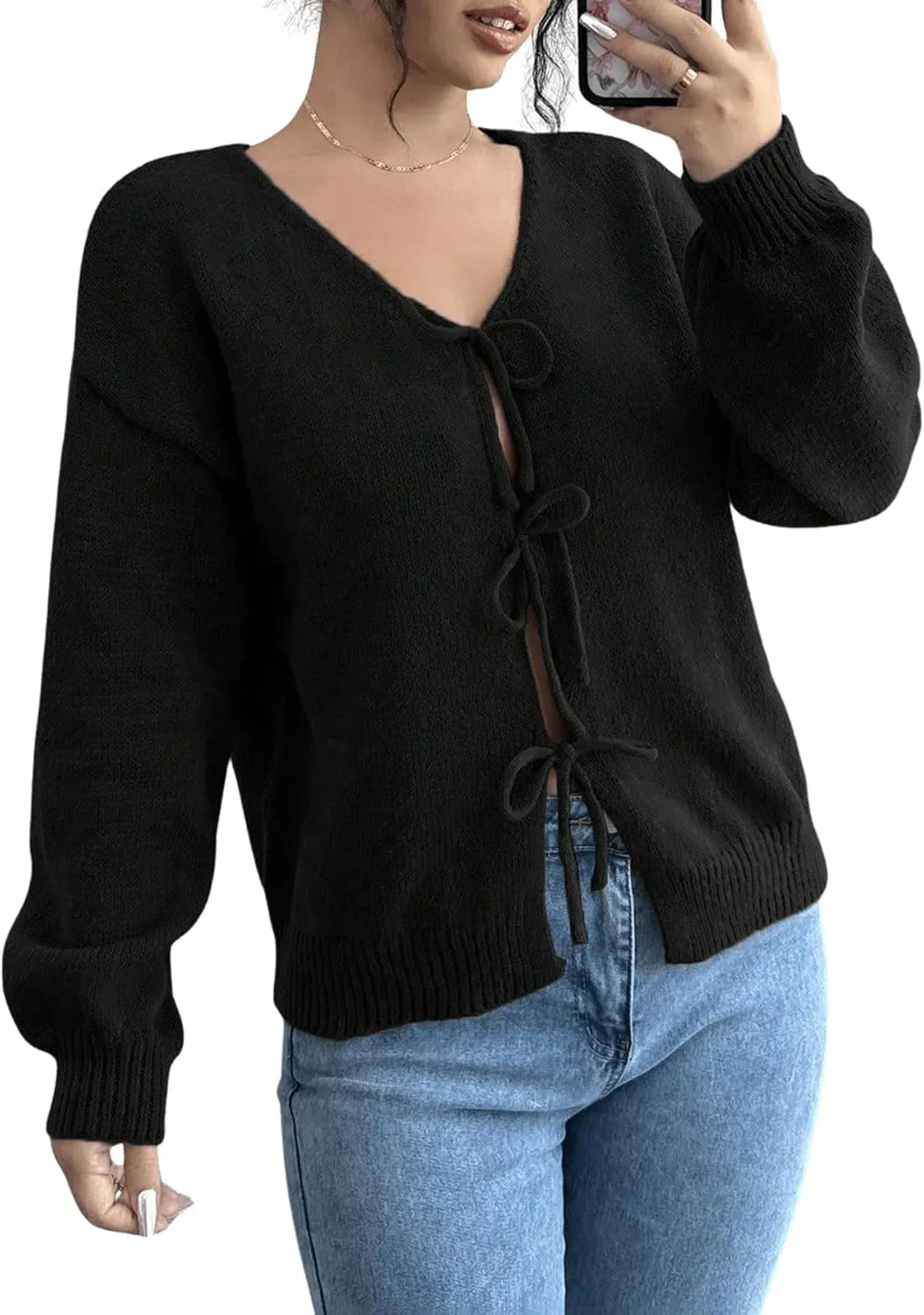 MakeMeChic Women's V Neck Tie Front Long Sleeve Sweater Cardigan Drop Shoulder Knitted Outerwear