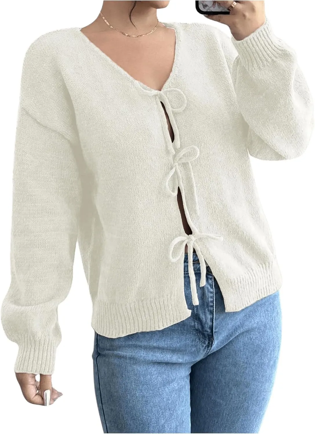MakeMeChic Women's V Neck Tie Front Long Sleeve Sweater Cardigan Drop Shoulder Knitted Outerwear