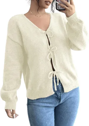 MakeMeChic Women's V Neck Tie Front Long Sleeve Sweater Cardigan Drop Shoulder Knitted Outerwear