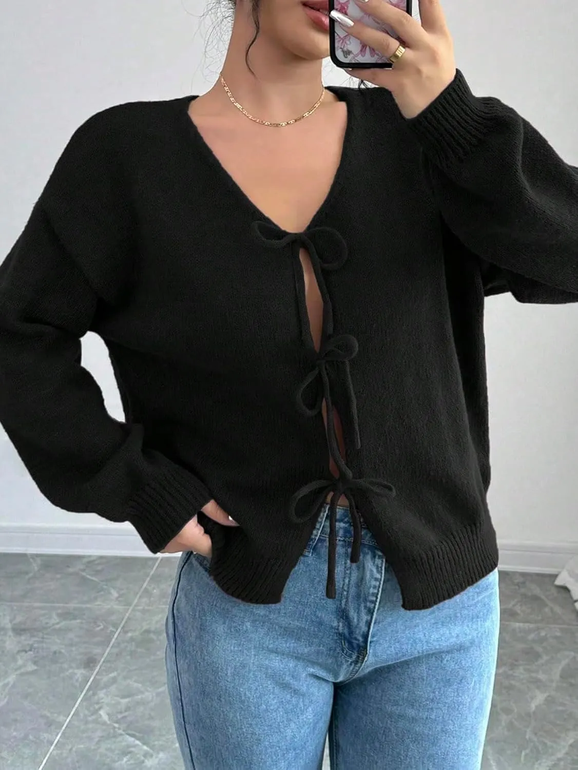 MakeMeChic Women's V Neck Tie Front Long Sleeve Sweater Cardigan Drop Shoulder Knitted Outerwear