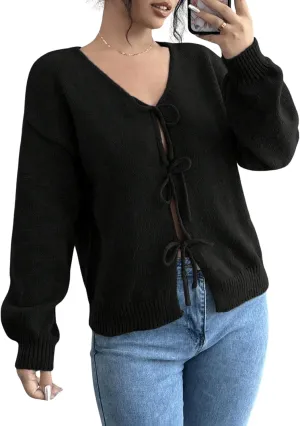 MakeMeChic Women's V Neck Tie Front Long Sleeve Sweater Cardigan Drop Shoulder Knitted Outerwear