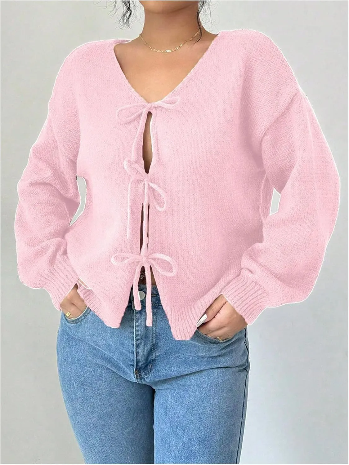 MakeMeChic Women's V Neck Tie Front Long Sleeve Sweater Cardigan Drop Shoulder Knitted Outerwear